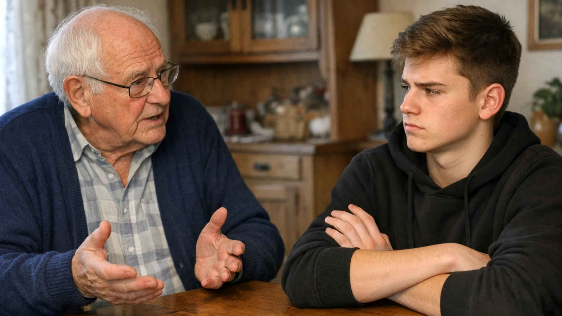 Der Großvater fühlt sich von seinem Teenager-Enkel nicht verstanden und respektiert. Der Enkel lehnt die Ratschläge und Lebensweisheiten des Großvaters als 'veraltet' und 'nicht relevant' ab. Der Großvater versucht, seine Erfahrungen und traditionellen Werte weiterzugeben, während der Teenager eine völlig andere Weltanschauung hat und das Gefühl hat, dass der Großvater seine moderne Lebensweise nicht akzeptiert."